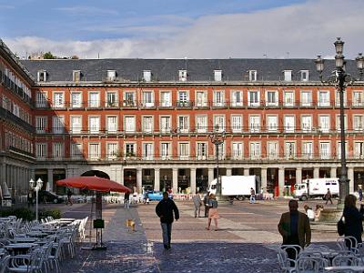 Thursday 6 April, 2006  The Plaza Mayor is rectangular in shape, measuring 129 by 94 meters, and is surrounded by three-story residential buildings having 237 balconies facing the Plaza.