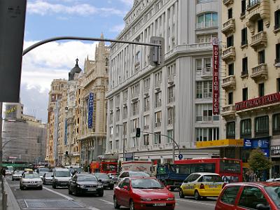 Friday 7 April, 2006  Gran Via, like every street in Madrid, is clogged with traffic. But we loved the splendid architecture of the low rise buildings.