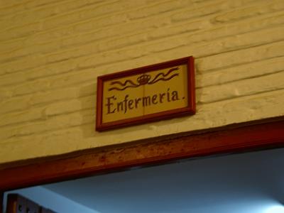 Thursday 23 March, 2006  . . . the infermary. Careless bullfighters (six in each bout with a bull) are sometimes injured.  The brave Matador doesn't attempt to kill the bull until the three horse-mounted picadores have severely injured it. How brave. How noble. How Spanish.