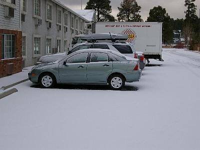 Friday 10 March, 2006  Our little car lightly dusted. The temperature was - 2°C and it was windy as well. This is the coldest weather we'd been in for many years.