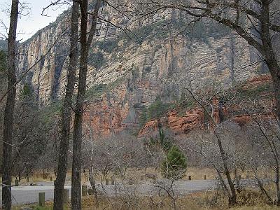 Friday 10 March, 2006  As we neared Sedona, the snow had stopped. These are some of the red cliffs for which Sedona is famous.