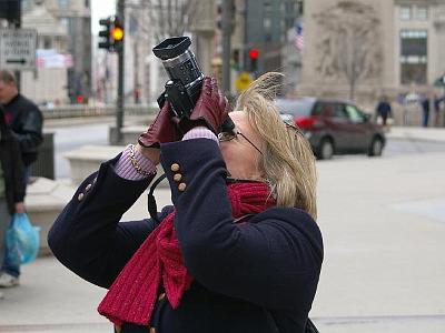 Monday 20 March, 2006  Jenni videoing on N Michigan Ave. This tape survived being erased.