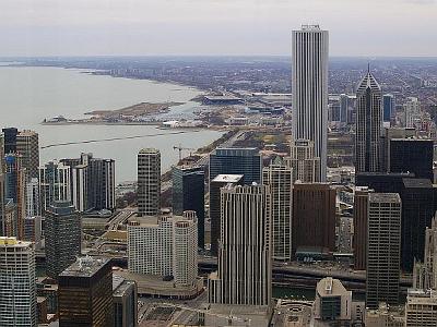 Monday 20 March, 2006  The AON Tower is the tall building in the centre. Two  Prudential Plaza is to its right. The red building to the right of that is the CNA Plaza. It is a 44-story building located on S Wabash Avenue and was completed in 1972.