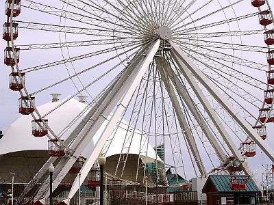 Monday 20 March, 2006  This is a duplicate of the original Ferris Wheel built in 1893 for the Chicago World Fair on this very location.  It was the first ever such wheel and it was designed by Ferris himself.  It was in the age before aircraft and it was the first time people could see the Chicago skyline from the air.